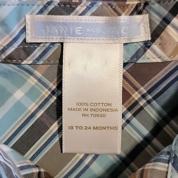 JANIE AND JACK LIGHT BLUE AND TAN PLAID DRESS SHIRT, SIZE 18-24 MONTHS - Picture 3 of 5